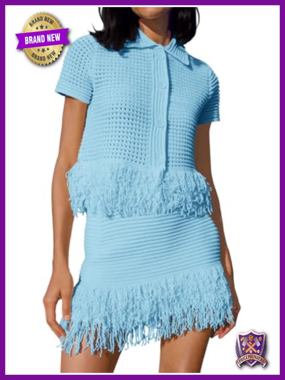 Crochet Short Sleeve Button Sweater and Fringe Skirt Two Piece Set